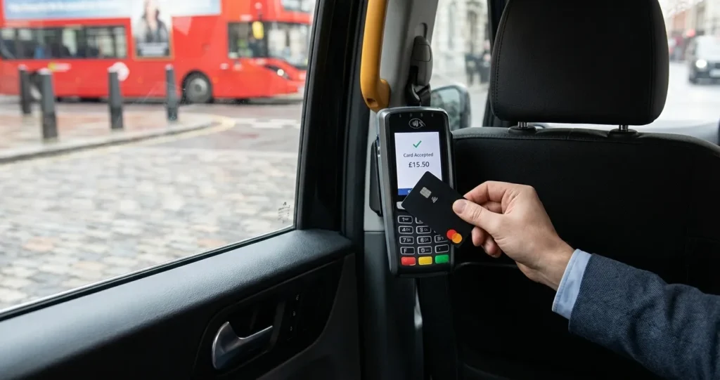 Passenger paying for a UK taxi using a contactless card reader