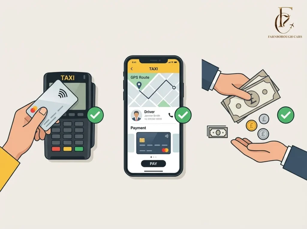 Different UK taxi payment methods including contactless cards, apps and cash