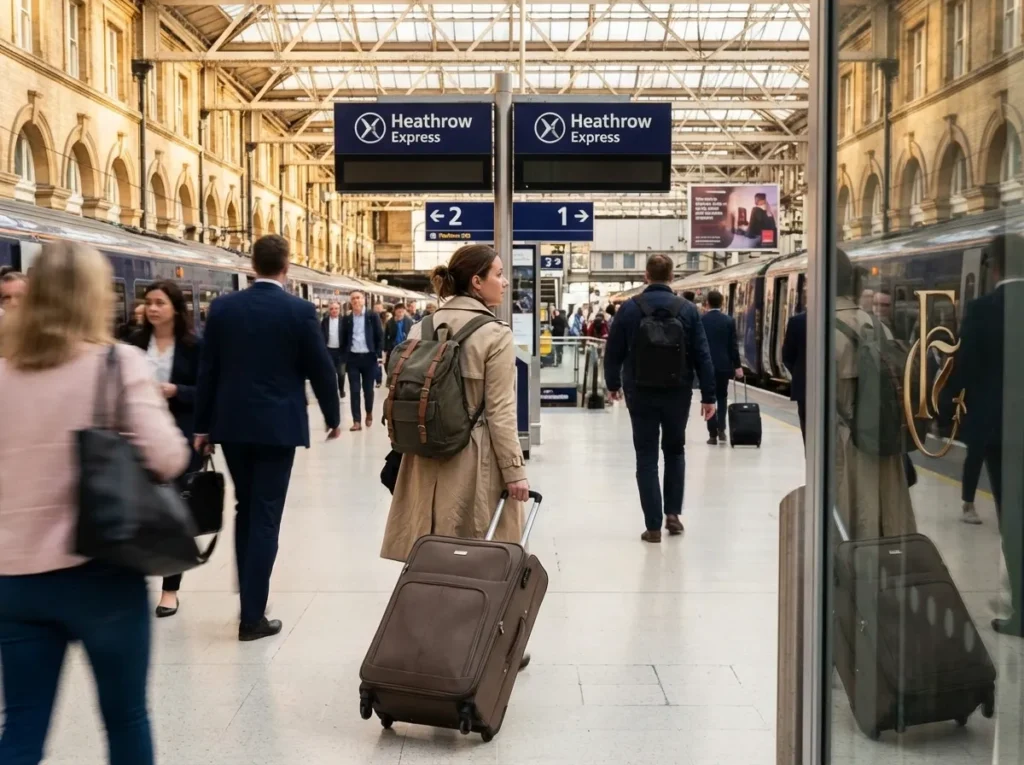 Traveller carrying luggage through a busy London train station when travelling to Heathrow